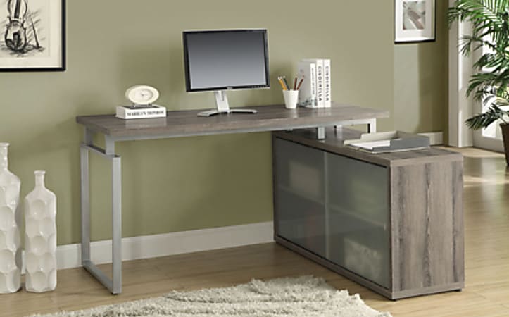 Monarch Specialties L-Shaped Computer Desk With Frosted Glass Doors, Dark Taupe
