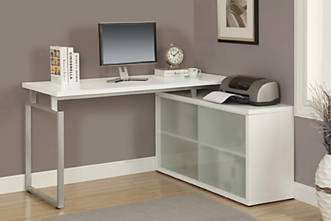 Monarch Specialties L-Shaped Computer Desk With Frosted Glass Doors, White