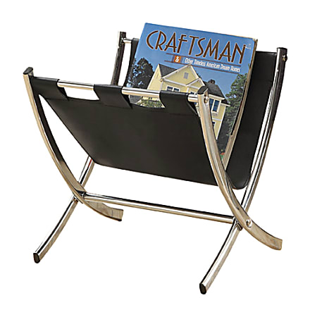 Monarch Specialties Faux Leather/Chrome Magazine Rack, 15"H x 15"W x 14"D, Black