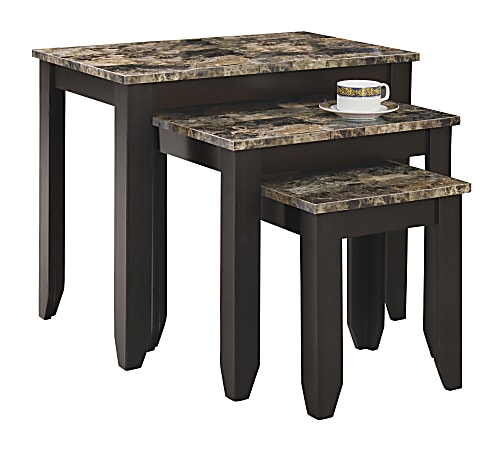 Monarch Specialties 3-Piece Marble-Top Nesting Table Set, Cappuccino/Marble