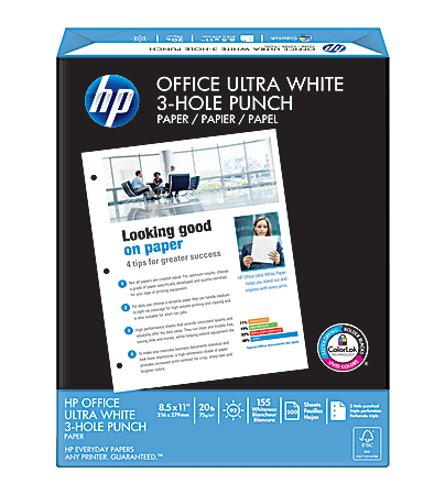 HP Office Paper, 3-Hole Punched, Letter Size (8 1/2" x 11"), 20 Lb, Ream Of 500 Sheets