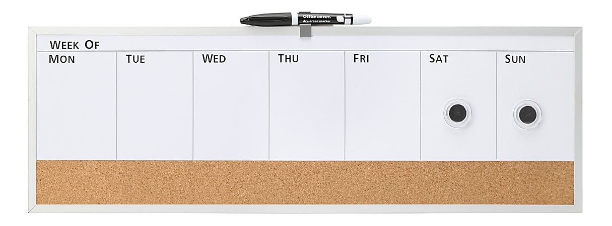 Realspace™ Magnetic Dry-Erase Whiteboard/Cork Weekly Calendar Board, 7 1/2" x 23", Silver Plastic Frame