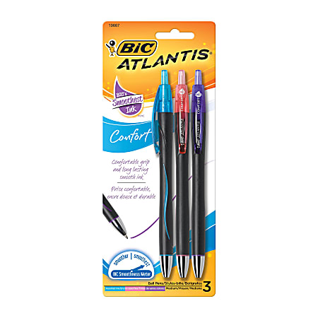 BIC® Atlantis™ Comfort Retractable Ballpoint Pens, Medium Point, 1.0 mm, Assorted Barrels, Assorted Ink Colors, Pack Of 3 Pens