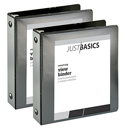 Just Basics® Economy View 3-Ring Binder, 2" Round Rings, 61% Recycled, Black, Pack Of 2