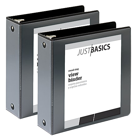 Just Basics® Economy View 3-Ring Binder, 3" Round Rings, 61% Recycled, Black, Pack Of 2