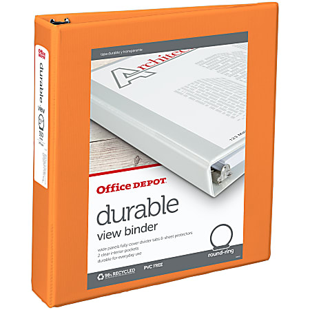 Office Depot® Brand Durable View 3-Ring Binder, 1 1/2" Round Rings, 49% Recycled, Orange