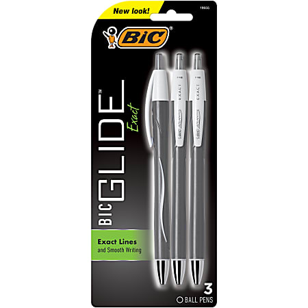 BIC® Glide™ Exact Retractable Ballpoint Pens, Fine Point, 0.7 mm, Gray Barrel, Black Ink, Pack Of 3 Pens
