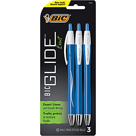 BIC® Glide™ Exact Retractable Ballpoint Pens, Fine Point, 0.7 mm, Blue Barrel, Blue Ink, Pack Of 3 Pens