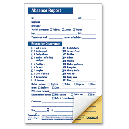 ComplyRight Absence Reports, Compact 2-Part, 5 1/2" x 8 1/2", Pack Of 50