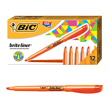 BIC Brite Liner, Highlighters, Pocket Style, Chisel Tip, Fluorescent Orange, Pack Of 12