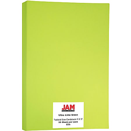 JAM Paper® Card Stock, Lime Green, Ledger (11" x 17"), 65 Lb, 30% Recycled, Pack Of 50
