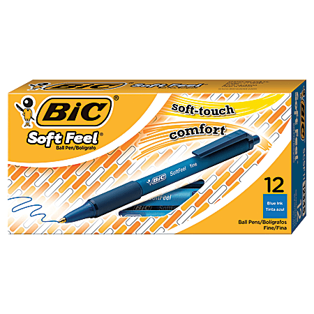 BIC® Soft Feel® Retractable Ballpoint Pen, Fine Point, 0.8 mm, Blue Barrel, Blue Ink, Pack Of 12
