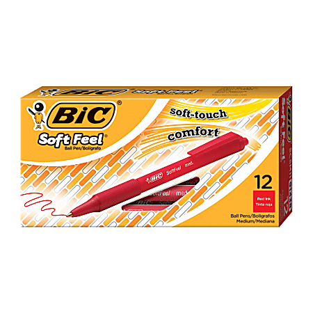 BIC® Soft Feel® Retractable Ballpoint Pens, Medium Point, 1.0 mm, Red Barrel, Red Ink, Box Of 12 Pens