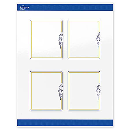 Avery® Print-To-The-Edge Labels & Sure Feed®, S00-DNF-PRWGP10, 4" x 3-1/3", Glossy White, Preprinted Gold & Navy Border & Floral Design, Pack Of 40