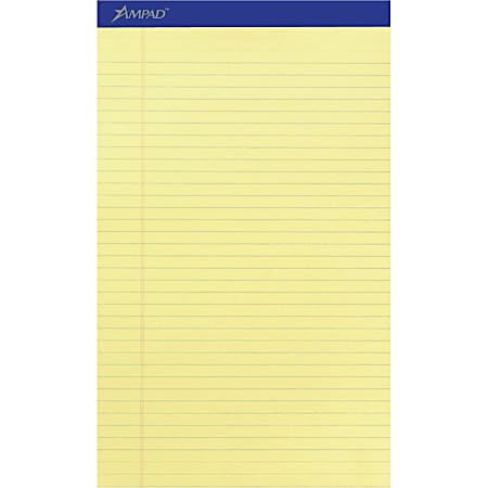 Ampad Writing Pad - 50 Sheets - Stapled - 0.34" Ruled - 15 lb Basis Weight - 8 1/2" x 14" - Canary Yellow Paper - Dark Blue Binder - Perforated, Sturdy Back, Chipboard Backing, Tear Resistant - 1 Dozen