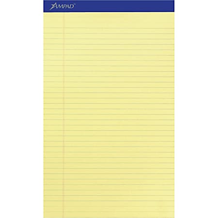 Ampad Writing Pad - 50 Sheets - Stapled - 0.34" Ruled - 15 lb Basis Weight - Legal - 8 1/2" x 14" - Canary Yellow Paper - Dark Blue Binding - Perforated, Sturdy Back, Chipboard Backing, Tear Resistant - 1 Dozen