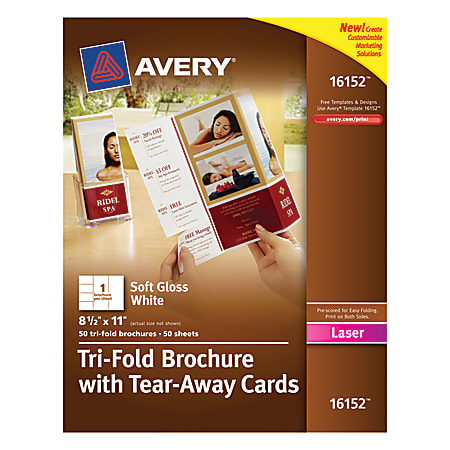 Avery® Tri-Fold Brochures With Tear-Away Cards, White, 4 Cards Per Sheet, 50 Sheets Per Ream