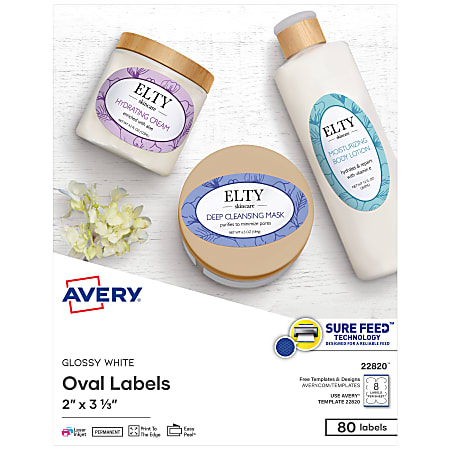 Avery® Printable Blank Labels, 22820, Oval, 2" x 3-1/3", Glossy White, Pack Of 80 Customizable Labels