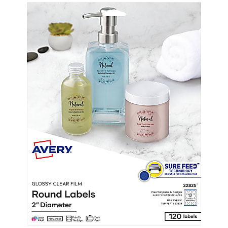 Avery® Easy Peel® TrueBlock® Print-To-The-Edge Inkjet/Laser Labels, Round, 22825, 2" Diameter, Glossy Clear, Pack Of 120