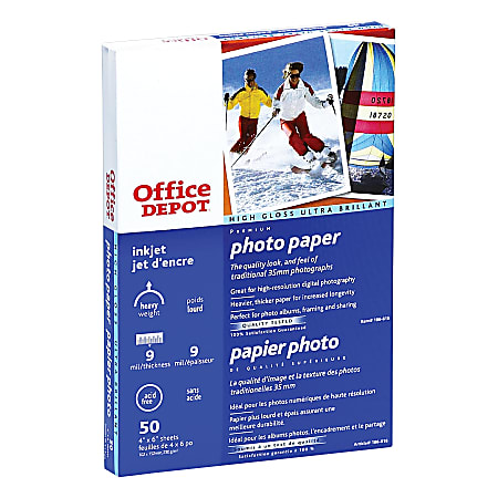Office Depot® Brand Premium Photo Paper, High Gloss, 4" x 6", 9 Mil, Pack Of 50 Sheets