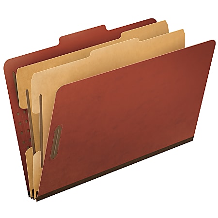 Pendaflex® Pressboard Classification Folder, 2 Dividers, 6 Partitions, 2/5 Cut, 30% Recycled, Legal Size, Red, Box Of 10