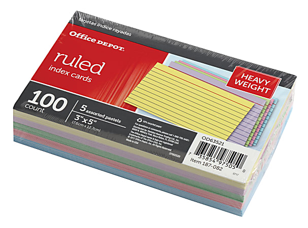 Office Depot® Brand Heavy-Weight Index Cards, 3" x 5", Ruled, Assorted Rainbow, 100 Cards Per Pack