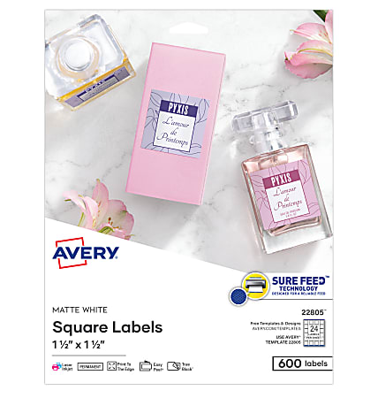 Avery® Printable Blank Labels, 22805, Square, 1.5" x 1.5", White, Pack Of 600