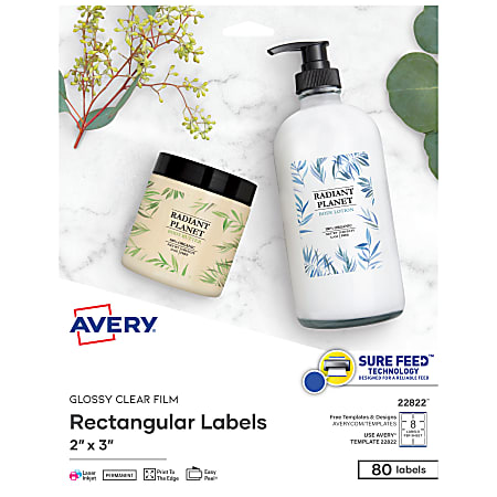 Avery® Easy Peel® TrueBlock® Print-To-The-Edge Inkjet/Laser Labels, Rectangular, 22822, 2" x 3", Glossy Clear, Pack Of 80