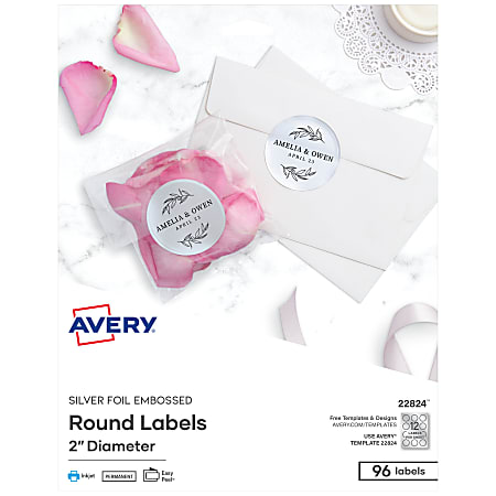 Avery® Printable Embossed Foil Round Labels, 22824, Round, 2" Diameter, Silver, Pack Of 96 Customizable Labels