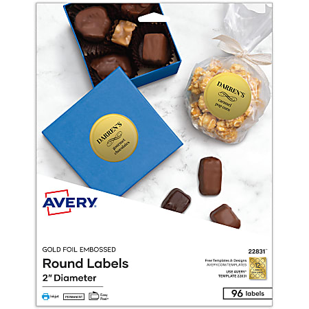 Avery® Printable Embossed Foil Labels, 22831, Round, 2" Diameter, Gold, Pack Of 96 Customizable Labels