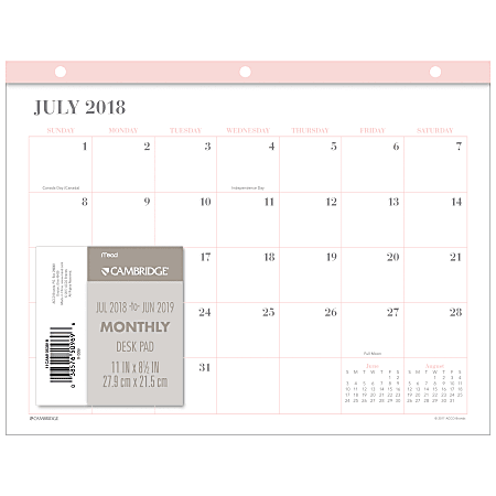 Cambridge® Work Style Monthly Academic Mini Desk Pad, 11" x 8 1/2", July 2018 To June 2019