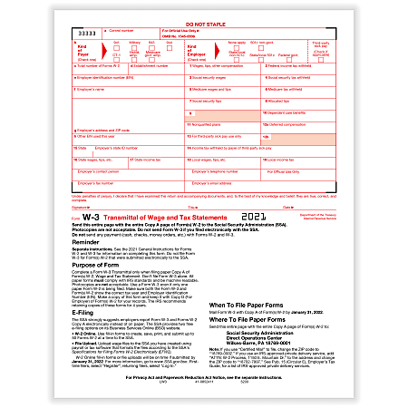 ComplyRight™ W-3 Transmittal Tax Forms, 1-Part, 8-1/2" x 11", Pack Of 10 Forms