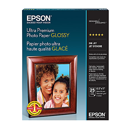 Epson® Ultra Premium Glossy Photo Paper, Letter Size (8 1/2" x 11"), 79 Lb, Pack Of 25 Sheets