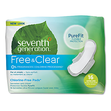 Seventh Generation Free & Clear Chlorine-Free Maxi Pads, Ultra Thin/Super Long, 16 Pads Per Pack, Carton Of 6 Packs