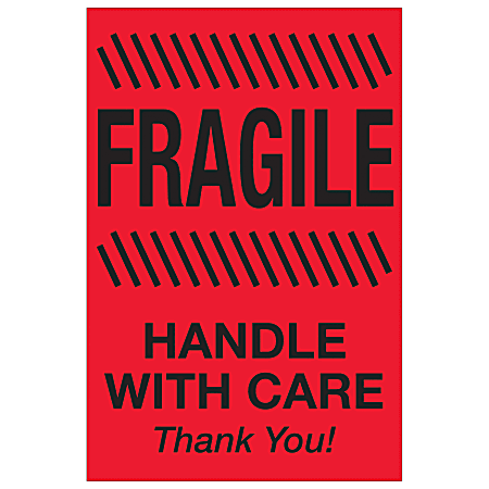 Tape Logic® Preprinted Special Handling Labels, DL1186, Fragile Handle With Care, Rectangle, 4" x 6", Fluorescent Red, Roll Of 500