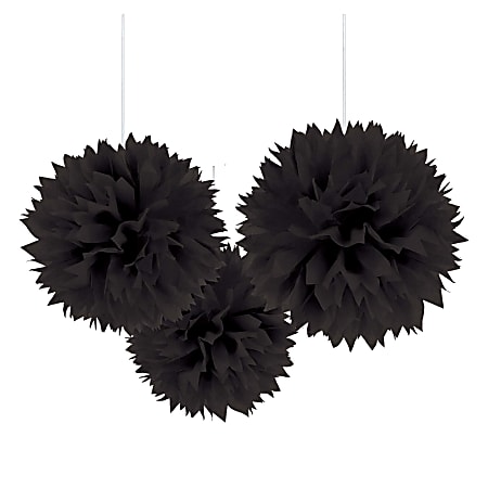 Amscan Fluffy Decorations, 16", Jet Black, 3 Decorations Per Pack, Set Of 2 Packs
