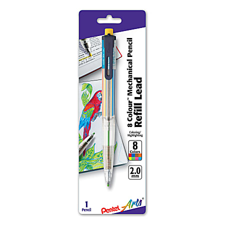 Pentel Arts® 8 Colour™ Mechanical Pencil, 2.0mm, Clear Barrel/Assorted Clip Colors