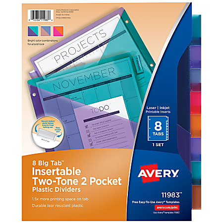 Avery® Big Tab™ Insertable Two-Tone 2 Pocket Plastic Dividers, 8-Tab, Multicolor