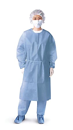 Medline Closed-Back Isolation Gowns With Elastic Cuffs, Regular, Blue, 10 Gowns Per Pack, Case Of 5 Packs