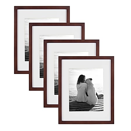 Uniek DesignOvation Gallery Wood Photo Picture Frame Set, 12” x 15" With Mat, Walnut Brown, Set Of 4