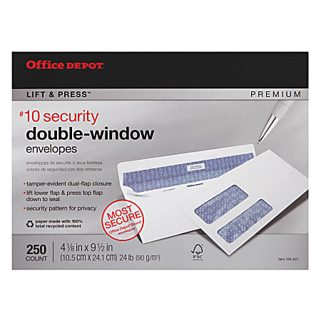 Office Depot® Brand #10 Lift & Press™ Premium Security Envelopes, Double Window, Self Seal, 100% Recycled, White, Box Of 250