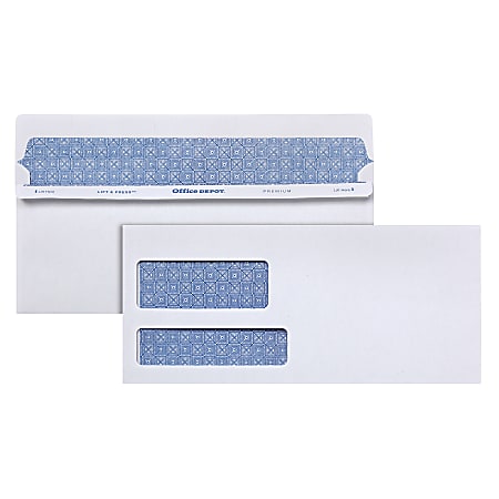 Office Depot® Brand #10 Lift & Press™ Premium Security Envelopes, Double-Window, Self Seal, 100% Recycled, White, Box Of 500