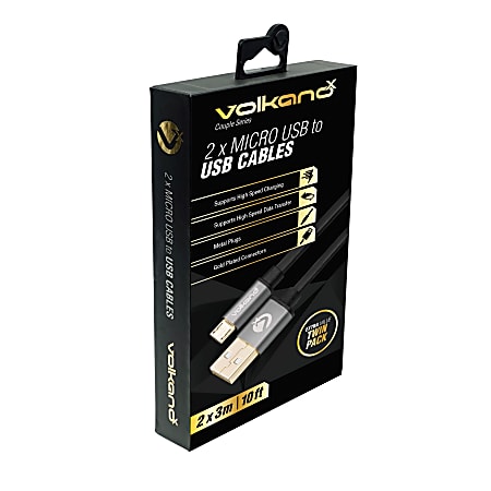 Volkano X Couple Series Micro USB Cables, 10', Black, Pack Of 2 Cables, VK-20069-BK