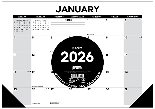 2026 Willow Creek Press Monthly Desk Pad Calendar, 12" x 17", Basic, January To December, 57063