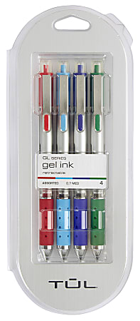 TUL® Retractable Gel Pens, Medium Point, 0.7 mm, Silver Barrel, Red/Sky Blue/Blue/Green Inks, Pack Of 4 Pens