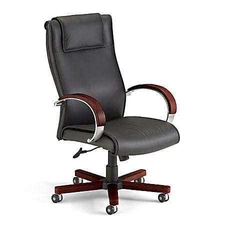 OFM Apex Bonded Leather High-Back Chair With Wood Accents, Mahogany/Black