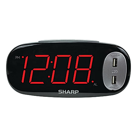 Sharp® Large Display LED Digital Alarm Clock With 2 USB Charge Ports, 3 1/2" x 7 1/2" x 2", Black