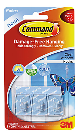 3M™ Command™ Window Hooks, 4 UV-Resistant Strips, 1"H x 1"W x 1/2"D, Clear, Set Of 3 Hooks