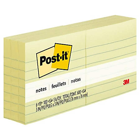 Post-it Notes, 3 in x 3 in, 6 Pads, 100 Sheets/Pad, Clean Removal, Canary Yellow, Lined