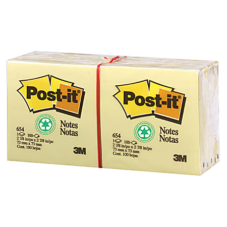Post-it® Notes, 30% Recycled 3" x 3", Canary Yellow, 75 Sheets Per Pad, Pack Of 10 Pads